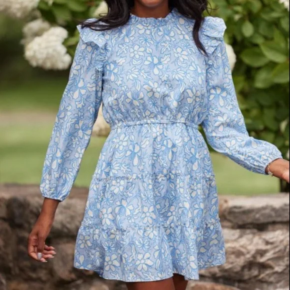 Dresses | Sail To Sable Fall Floral Long Sleeve Smocked Waist Dress  Periwinkle | Poshmark